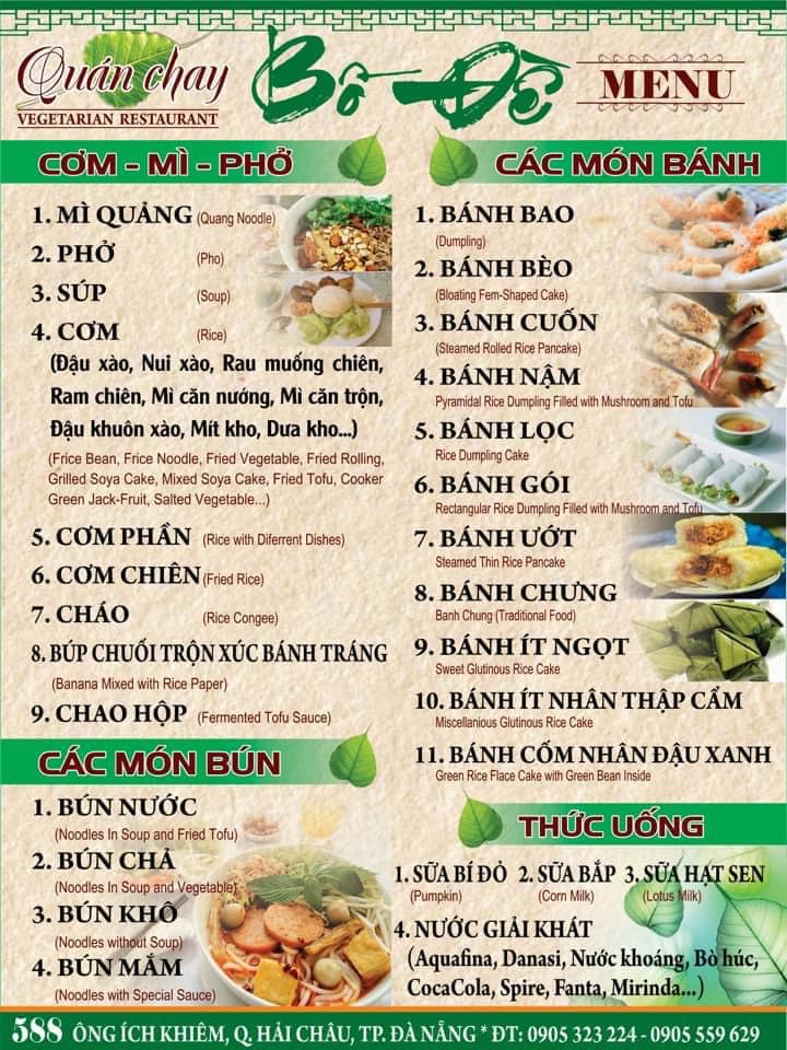 menu đa dạng của Quán chay Bồ Đề